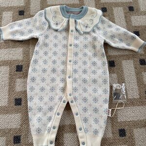 Cream & Light Blue Floral Knit Baby Romper